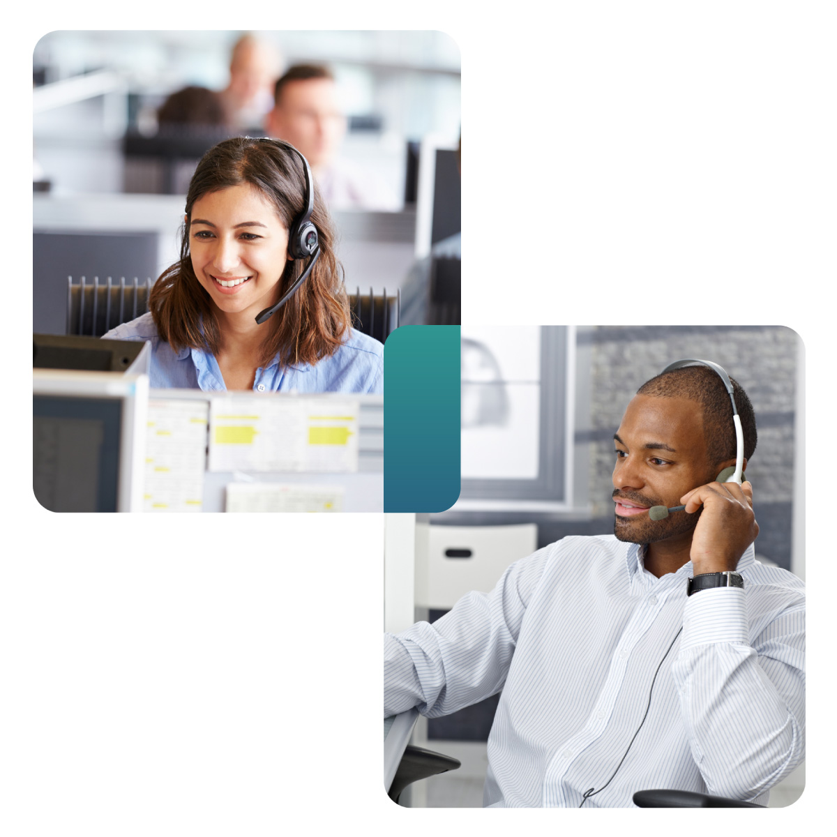 2 images - a man and a women working in offices working headsets - headsets to contact people